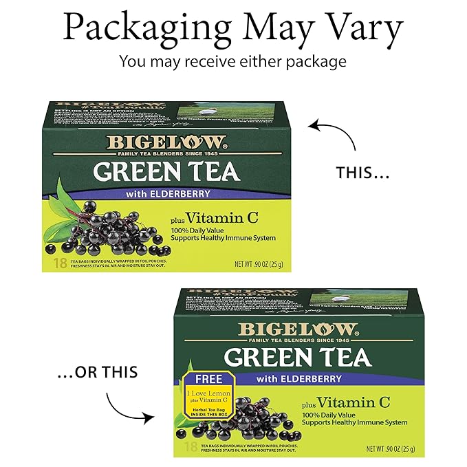 Bigelow Tea Green Tea with Elderberry Plus Vitamin C, Caffeinated Tea with Elderberry, 18 Count Box (Pack of 6), 108 Total Tea Bags