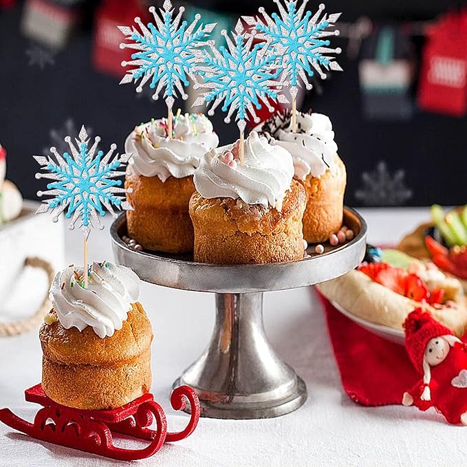 24 PCS Snowflake Cupcake Toppers Assemble Glitter Double Layers Winter Snowflake Cupcake Picks for Winter Wonderland Baby Shower Birthday Merry Christmas Party Cake Decorations Supplies