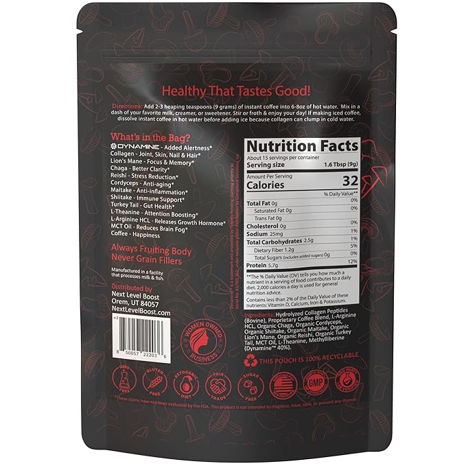 Energy Boost Mushroom Instant Coffee - 135g, 15 Servings Pouch - Healthy Coffee Alternative and Substitute - with Dynamine, Collagen, Lions Mane and Antioxidants