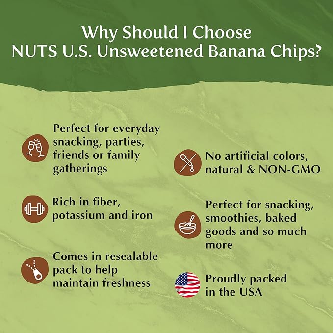 NUTS U.S. - Unsweetened Banana Chips | No Sulphure, Added & No Artificial Colors | NON-GMO | Natural | Packed in a Resealable Bag!!! (3 LBS)
