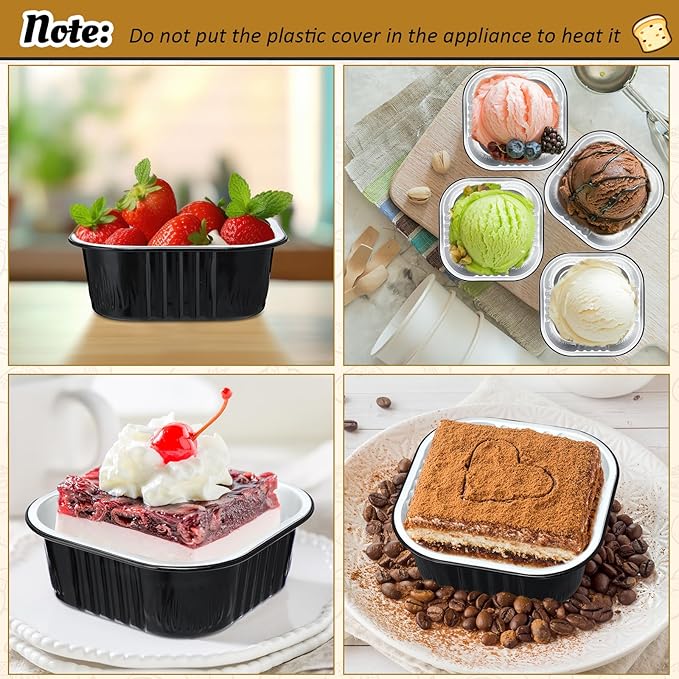 Aoriher 150 Pieces 10 oz Mini Cake Pans with Lids Aluminum Foil Baking Cups Square Disposable 4" x 4" Large Cupcake Cups Baking Tins for Kitchen Brownie Pudding Desserts Holders(Black)
