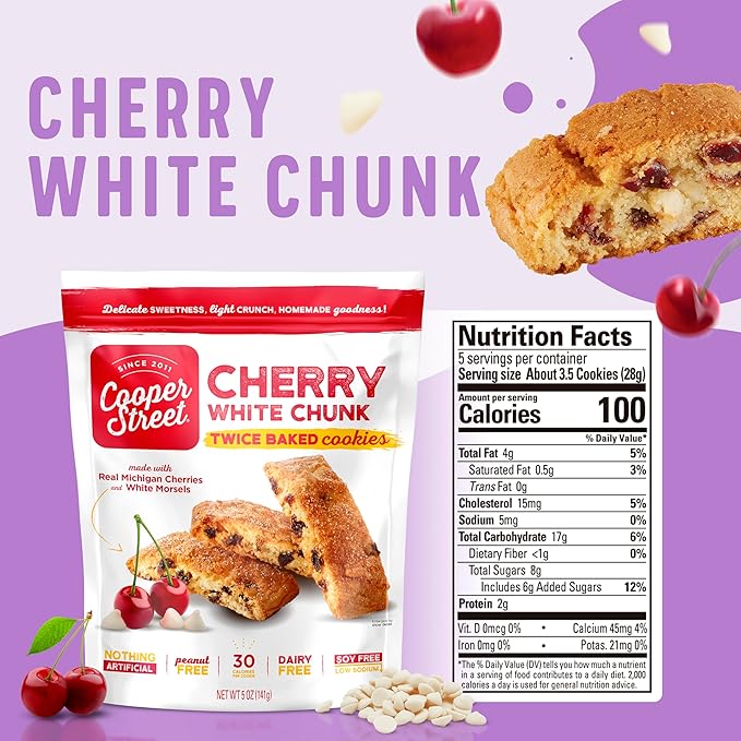 Cooper Street Italian Biscotti Cookies - Twice Baked Biscotti Style Cookie Biscuits in Delicious Cherry White Chunk Flavor | Crispy, Light and Healthy Cookies | Peanut & Dairy Free | 1.25oz - 24 Pack