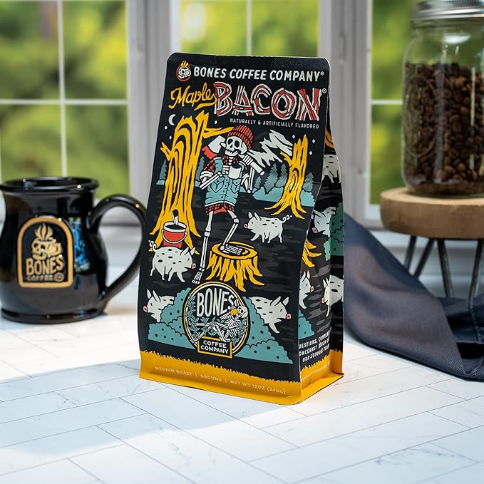 Bones Coffee Company Maple Bacon, Bacon and Maple Syrup Flavored Coffee, Medium Roast Low Acid Arabica Beans Compatible with Auto drip and French Press Coffee Maker, 12 Oz Whole Bean