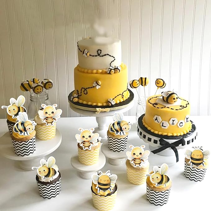 60 Pack Edible Bumble Bee Cake Topper Oh Babee Cupcake Picks Water Bumble Cake Decorations for Christmas Boy or Girl Baby Shower Kids Birthday Party Supplies