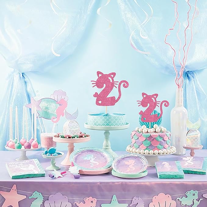 1 Pack Cat Cake Topper 2nd Birthday Cake Pick Glitter Cute Pet Cat Cake Decoration for Cat Theme Baby Shower Kids Second Birthday Wedding Party Cake Decorations Supplies Pink