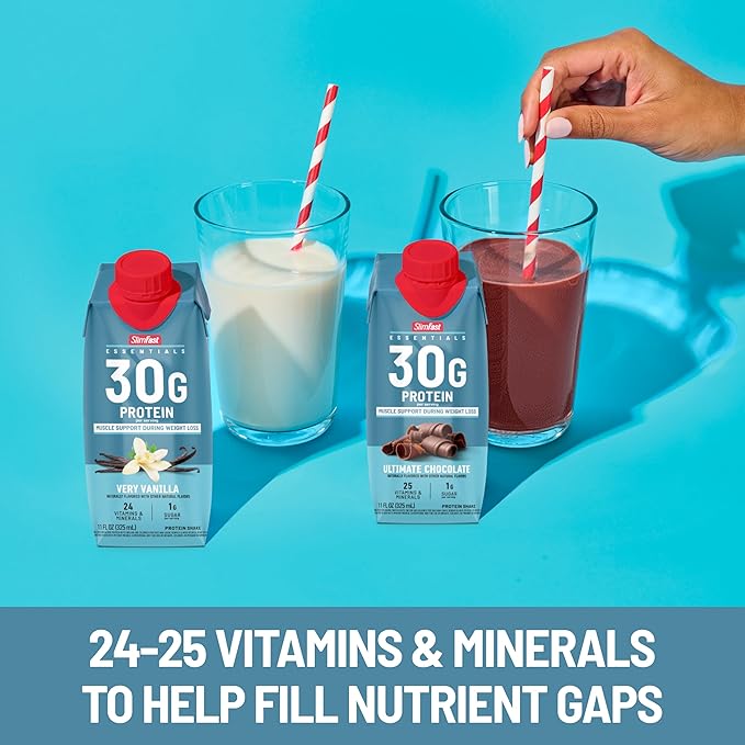 SlimFast Essentials 30g Protein Shake Chocolate, Protein Shakes Ready to Drink, Muscle Support, 1g Sugar, 25 Vitamins and Minerals, 3g Net Carbs, Ultimate Chocolate, 12 Count