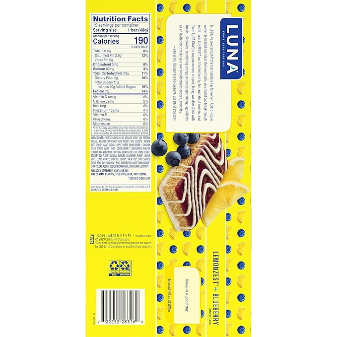LUNA Bar - Mash-Ups LemonZest + Blueberry Flavor - Snack Bars - Non-GMO - Gluten-Free Protein Bars - Made with Organic Oats (15 Pack)