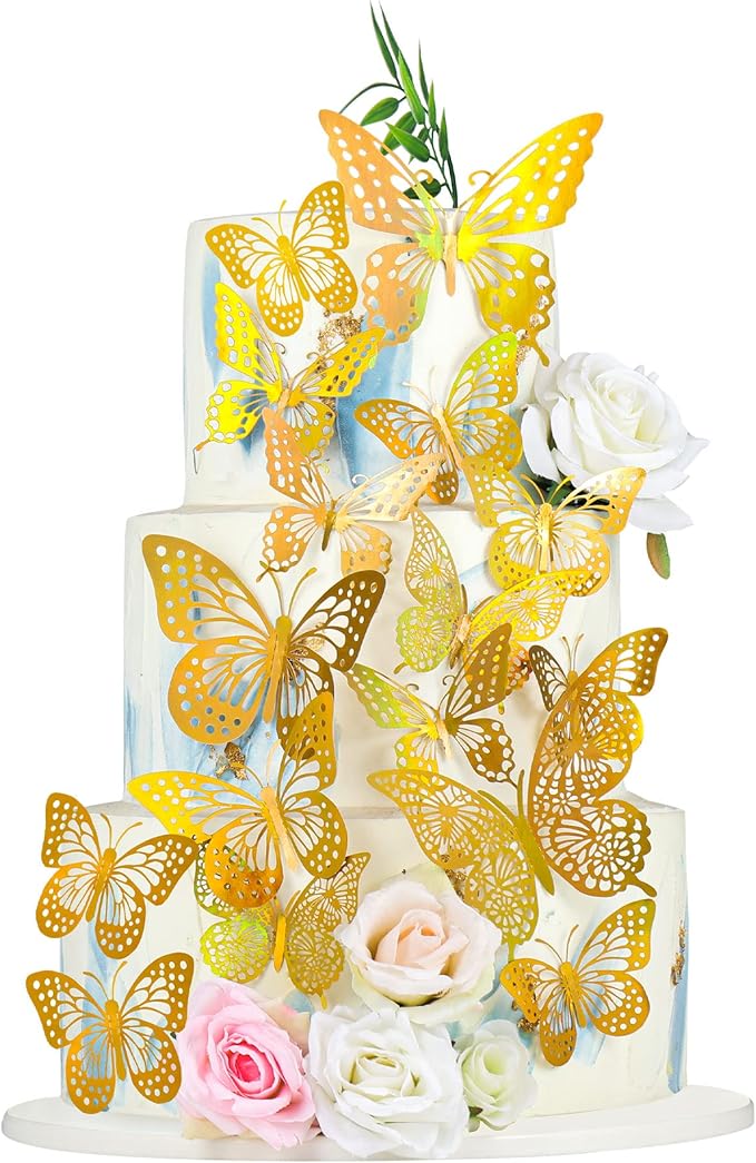 Gyufise Laser Gold Butterfly Cupcake Toppers Hollow Art 3D Butterfly Cupcake Decorations Baby Shower Wedding Anniversary Kids Birthday Party Cake Wall Decorations Supplies 36Pcs
