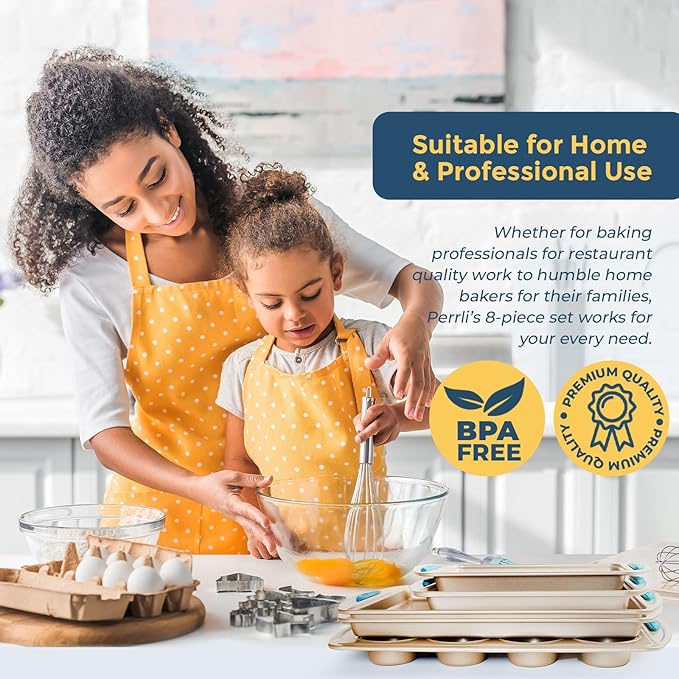 Perlli Baking Kit: Nonstick Gold Steel Oven Set - 10 Pieces, Cookie Sheets, Cake Pans, 9x13Pan with Lid, Loaf & Deep Pans, Pizza Crisper, Muffin Pan - Silicone Handles