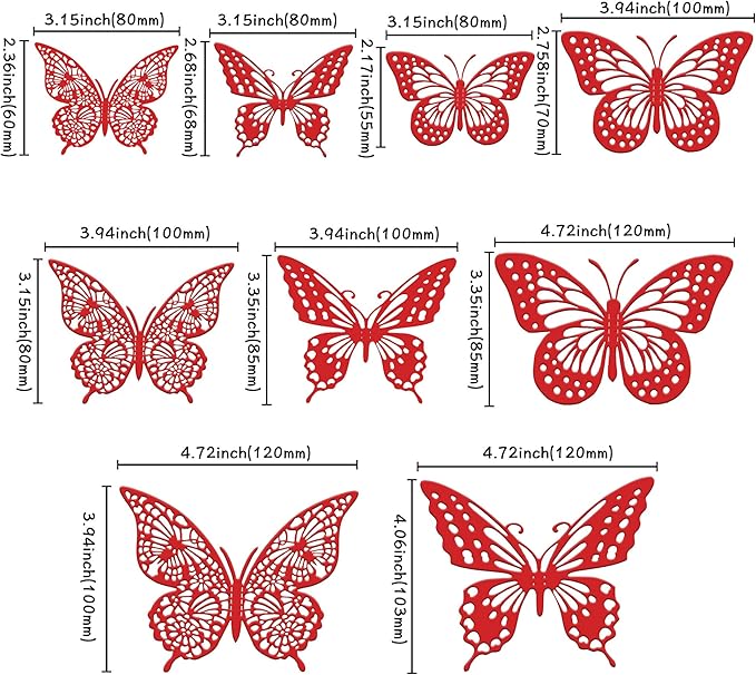 Gyufise Metallic Red Butterfly Cupcake Toppers Hollow Art 3D Butterfly Cupcake Decorations Baby Shower Wedding Anniversary Kids Birthday Party Cake Wall Decorations Supplies 36Pcs