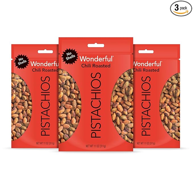 Wonderful Pistachios No Shells, Chili Roasted Nuts, 11 Ounce Bag (Pack of 3), Protein Snacks, Gluten Free, Healthy Snacks for Adults