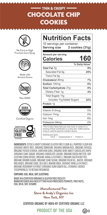 ?œSteve & Andy?™s Thin & Crispy Scrumptious Chocolate Chip Cookies - Organic & Gluten Free, Non-Gmo, Nut Free, Wheat Free, Soy Free - 3 Boxes,16.5 Oz (30 Cookies)