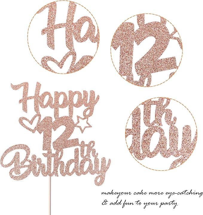 1 Pack Happy 12th Birthday Cake Topper Glitter Heart Star 12 Fabulous Cake Pick Birthday Sign Cake Decorations for Children 12th Birthday Theme Party Supplies Rose Gold