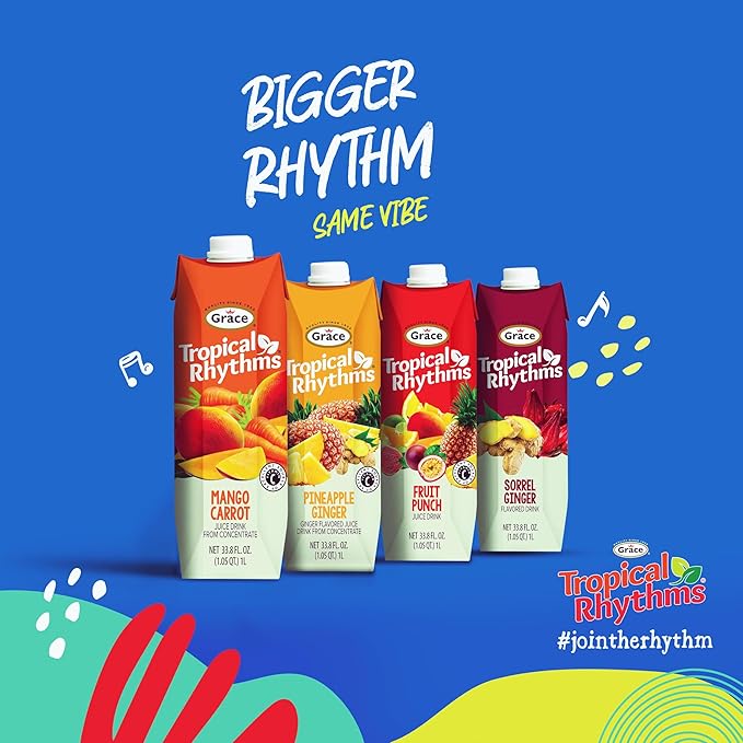 Grace Tropical Rhythms Ginger and Pineapple Juice 1 Liter (33.8oz) - 3 Cartons - Jamaican Fruit Juice
