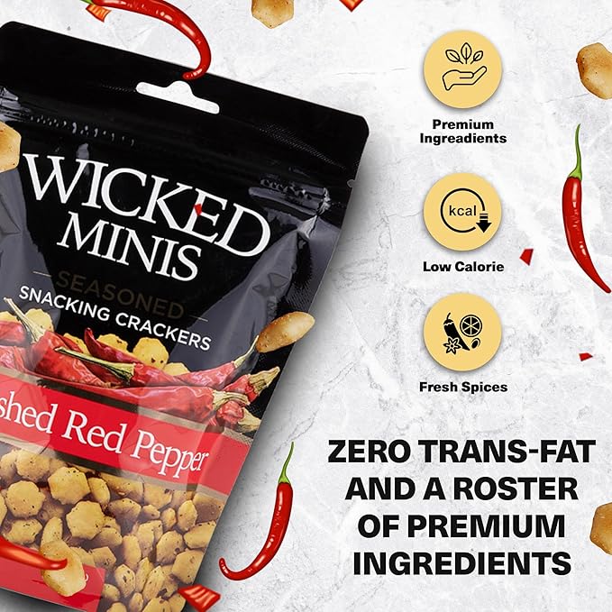 Wicked Minis Soup & Oyster Crackers - Saltine & Salted Flavored Mini Puffed Soup, Savory Snacking Mix, Seasoned Croutons Salad Toppers, Crackers for Chili 6oz (Crushed Red Pepper, Pack of 3)