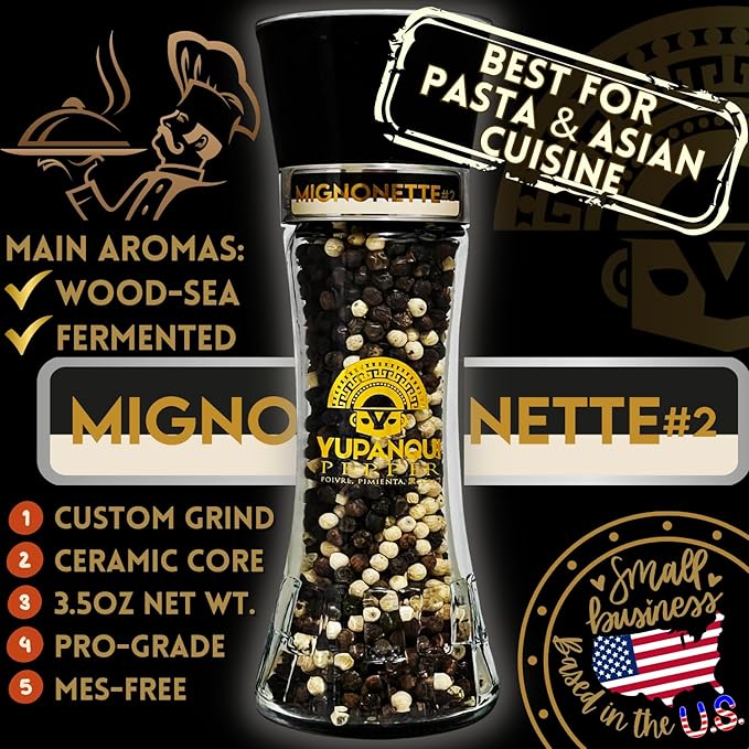 Yupanqui Peppercorn Medley Grinder MIGNONETTE, White Pepper & Black Pepper Mixed Peppercorns whole organic peppercorns mix in Refillable Peppercorn Grinder 3.5oz