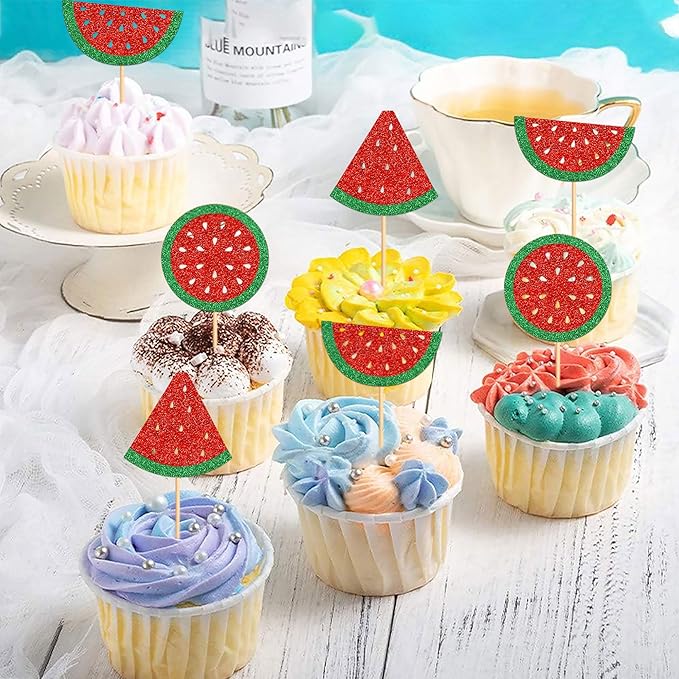 24 Pcs Watermelon Cupcake Toppers Glitter Tropical Summers Kids Happy Birthday Cake Toppers Picks Watermelon Baby Shower Cake Decorations