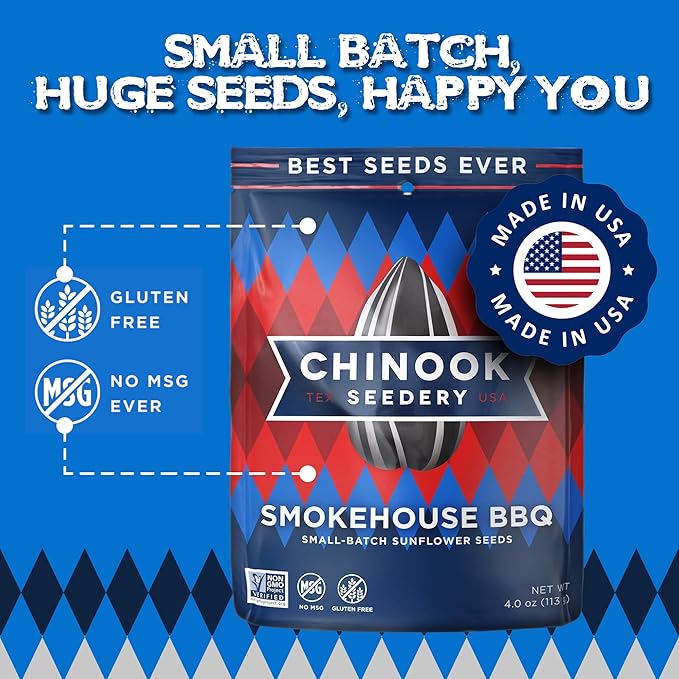 Chinook Seedery Roasted Jumbo Sunflower Seeds - Keto Snacks, Gluten-Free, Non-GMO, Smokehouse BBQ 4 oz (12-Pack)