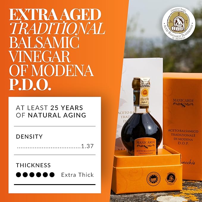 MANICARDI Extra Aged Balsamic Vinegar of Modena PDO - 25 Years - Perfect for Snacks, Pasta, Vegetables, Salad Dressings and Meat - Made in Italy - 3.38 Fl Oz (100 ml)