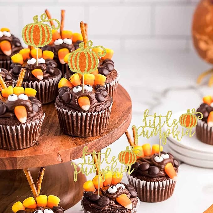 24Pcs Little Pumpkin Cupcake Toppers Fall Pumpkin Cupcake Picks for Thanksgiving Halloween Baby Shower Kids Birthday Party Cake Decorations Supplies - Gold Orange Glitter