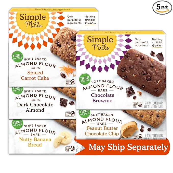 Simple Mills Almond Flour Snack Bars (Nutty Banana, Spiced Carrot Cake, Dark Chocolate Almond, Peanut Butter Chocolate Chip, and Chocolate Brownie) - Breakfast Bars (Pack of 5)