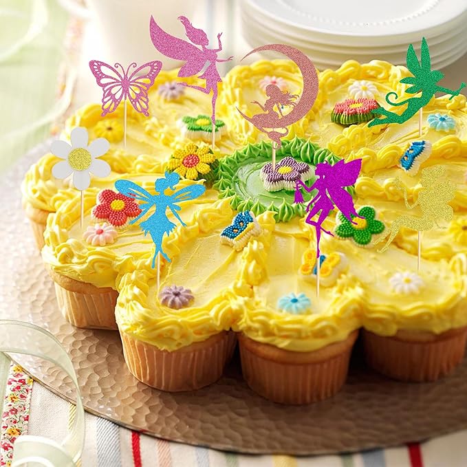 24Pcs Fairy Cupcake Toppers Flower Angel Fairy Butterfly Flower Cupcake Picks for Wedding Bridal Shower Baby Shower Birthday Party Cake Decorations Supplies