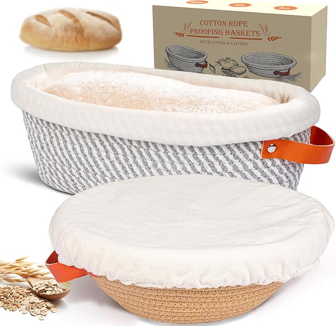 Banneton Bread Proofing Basket ??Oval & Round Handmade Cotton Rope Sourdough Proofing Basket with Liner & Cover (Perfect for Sourdough & Artisan Bread Set (1 Round 1 Oval)