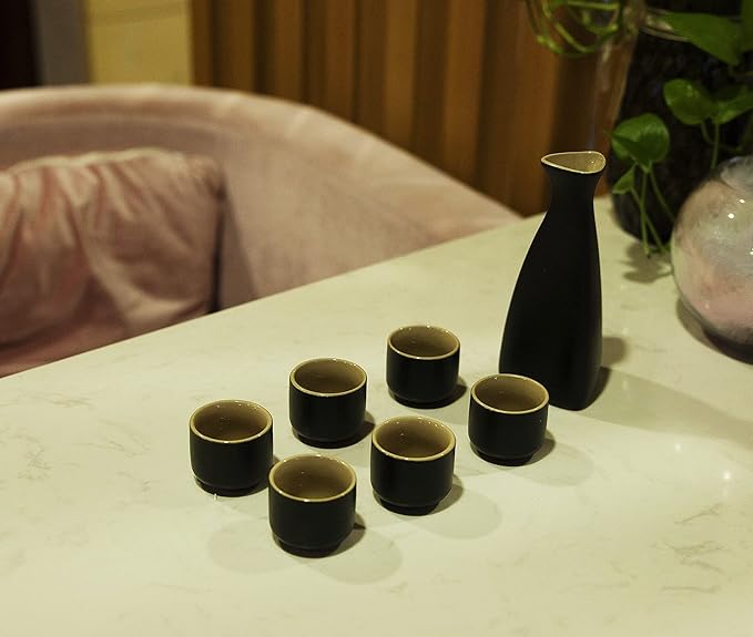 Japanese Sake Set, Traditional Black Ceramics Sake Sets 1 Pot and 6 Cups