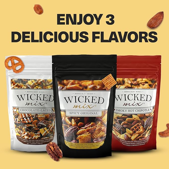 Wicked Mix Snack Mix with Mixed Nuts - Sweet and Salty Snacks Trail Mix Snack Packs with Almonds, Cashews, Pretzels, Pecans - Healthy Snacks Zero Trans Fat in Resealable Bag (Smoky Hot Chipotle, Pack of 3)