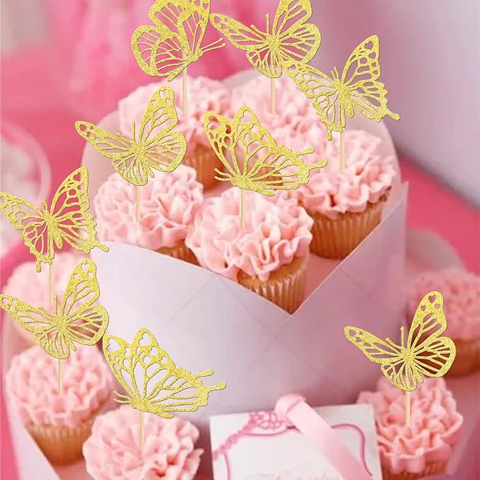 Rsstarxi 24 Pack Butterfly Cupcake Toppers Gold Glitter Assembled Butterfly Baby Shower Cupcake Picks for Wedding Engagement Bridal Shower Kids Birthday Party Cake Decorations Supplies