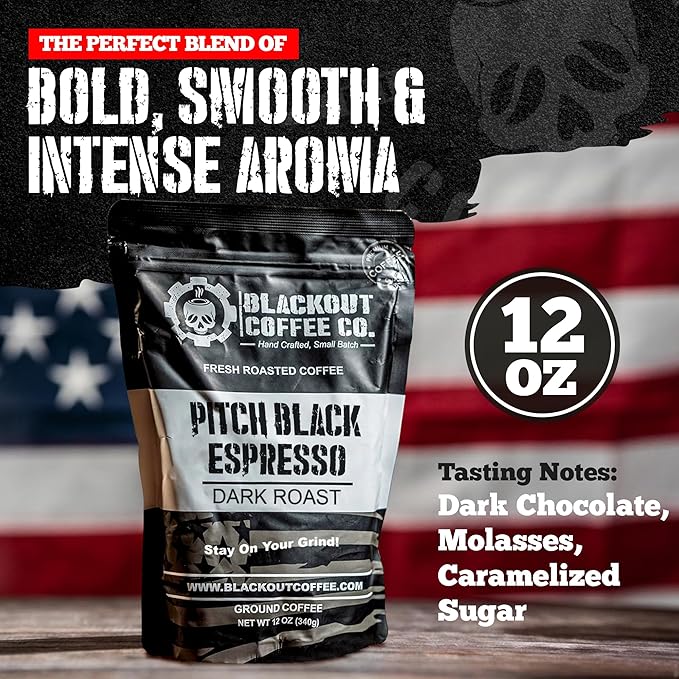 Blackout Coffee Pitch Black Espresso Ground Coffee ??Extra Dark Roast, European-Style, Bold & Aromatic ??Freshly Roasted 12oz Bag, American Made