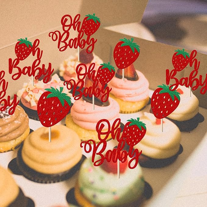 24 Pack Sweet Oh Baby Cupcake Toppers Glitter Oh Baby Strawberry Cupcake Picks Fruit Berry Cupcake Decorations for Summer Strawberry Baby Shower Kids Birthday Party Supplies Red