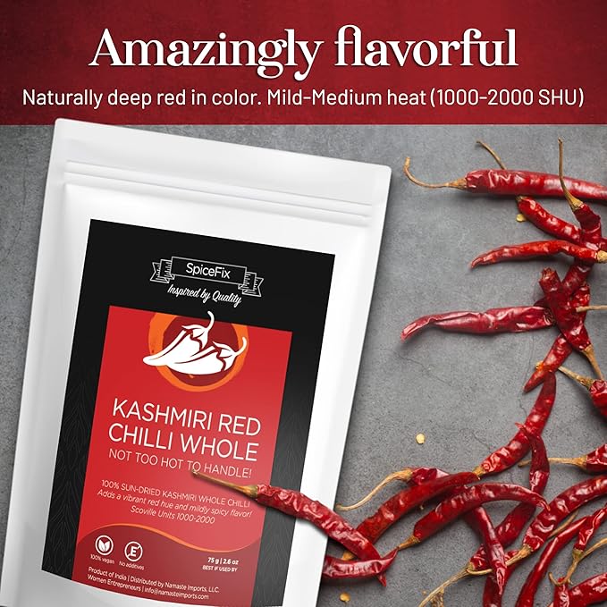 SpiceFix - Whole Kashmiri Red Chilli Pepper, Mild to Medium Heat Natural Stemless Chillies, Sun-Dried Red Pepper, Indian Dried Chili Peppers in a Resealable Bag, 2.6 Ounces