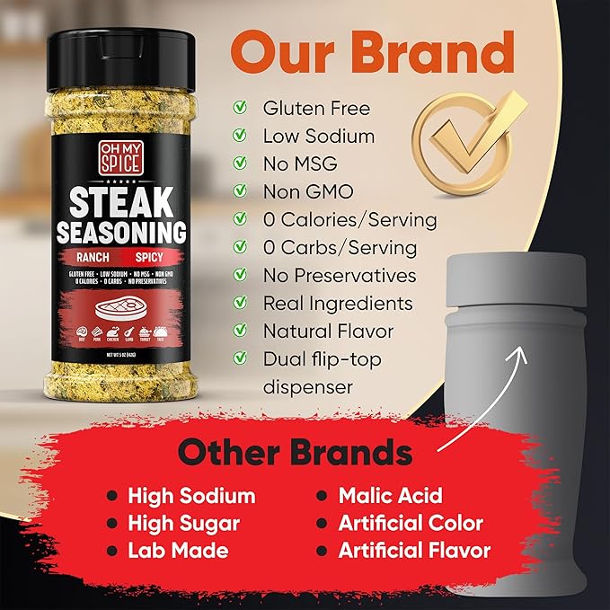 Steak Seasoning Spicy Ranch Seasoning Powder Mix - Gluten Free & Low Sodium Meat Seasonings for Ribeye, Beef & NY Strip Steak. Hot Ranch Powder Steaks Seasonings for Grilling. Dry BBQ Rub Spices. 5oz