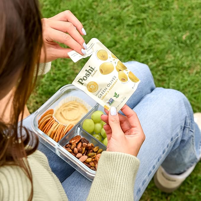 Poshi Green Pitted Olives | Lemon & Rosemary | Vegan, Kosher, Gluten Free + Keto Friendly, Fresh, All Natural Low Calorie Healthy Snacks | (30 Pack, 1.1oz Bags)