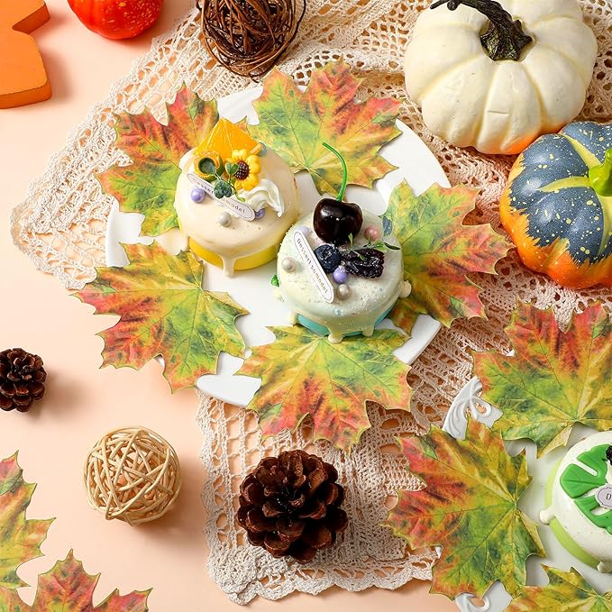 100 Pieces Parchment Fall Leaves Thanksgiving Cheese Paper Parchment Autumn Leaves Double Sided Decorative Paper 4 Inch Table Decorations for Thanksgiving Party Dinner Food Accessories (Green)