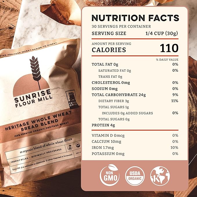 Sunrise Flour Mill Heritage Whole Wheat Bread Blend - 2 lb | USDA Organic All Purpose Flour Unbleached - Non-GMO, Kosher, Glyphosate Free, Ancient Grains, Bread Flour Organic.