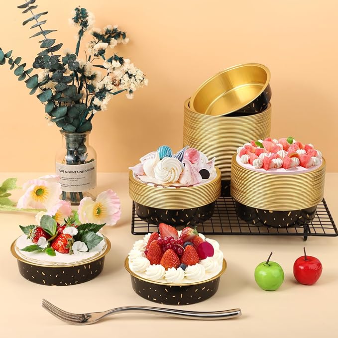 Beasea Disposable Baking Cups, 100 Pack 7.3oz 215ml Aluminum Ramekins Foil Baking Cups 4" Cupcake Aluminum Mini Baking Cups No Lids for Party - Gold/in Black