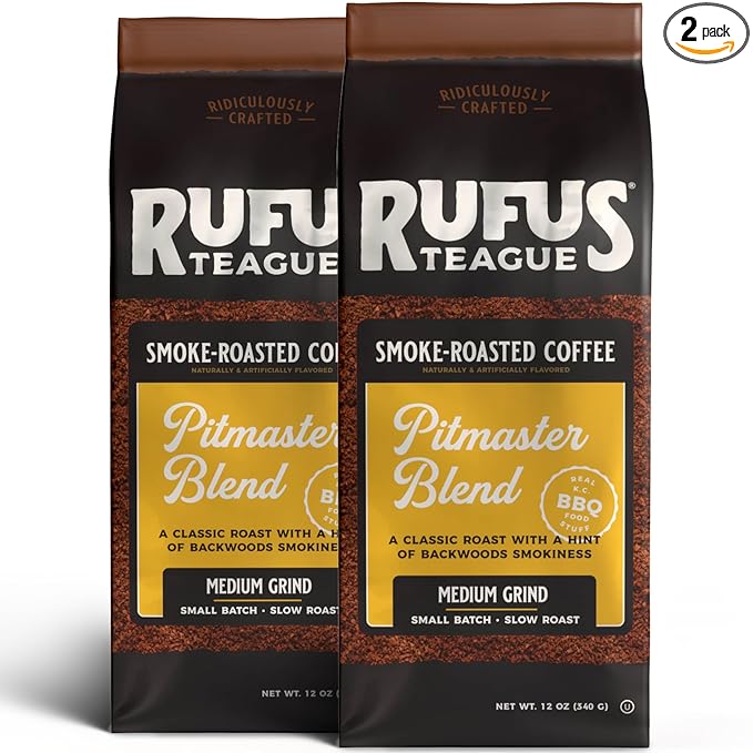 Rufus Teague Pitmaster Blend Ground Coffee, Gourmet Fresh Dark Roasted Coffee, Smoke Roasted Java, Medium Grind, 12 oz Bag, 2-Pack