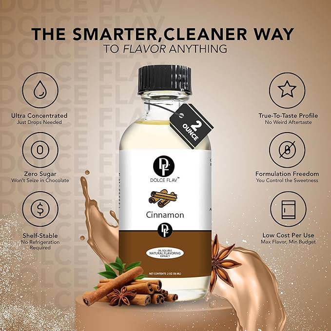 Dolce Flav Natural Cinnamon Extract Oil 2 oz ??Kosher, Sugar-Free, Concentrated Spice Flavor for Candy, Chocolates & Desserts, Includes Measured Dropper