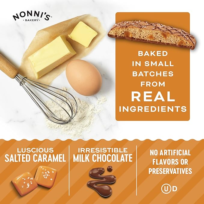 Nonni's Salted Caramel Milk Chocolate Biscotti Cookies ??Individually Wrapped Italian Coffee Snack, Crunchy Twice-Baked, 90 Cal Each, 21 oz Carton