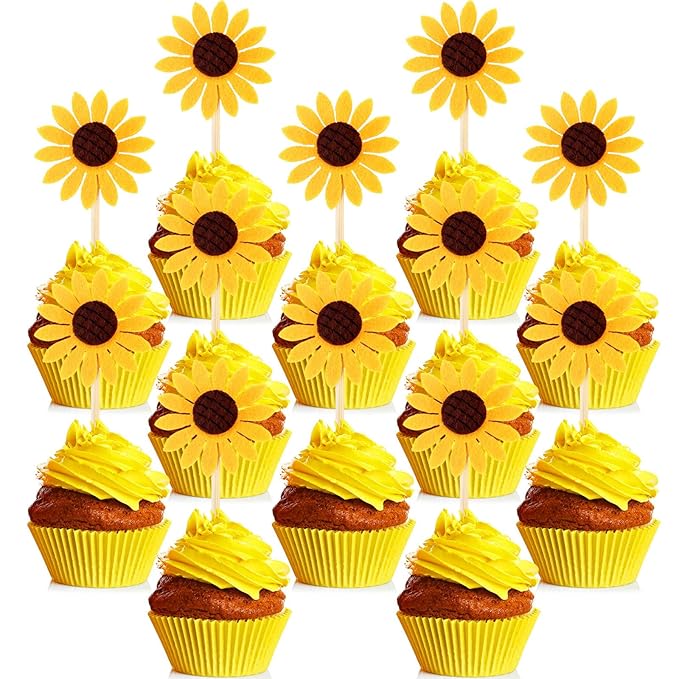 60 Pieces Sunflower Cupcake Toppers Yellow Flower Cake Picks Sunflower Toothpicks Summer Food Picks for Wedding Party Supplies Birthday Cake Decorations