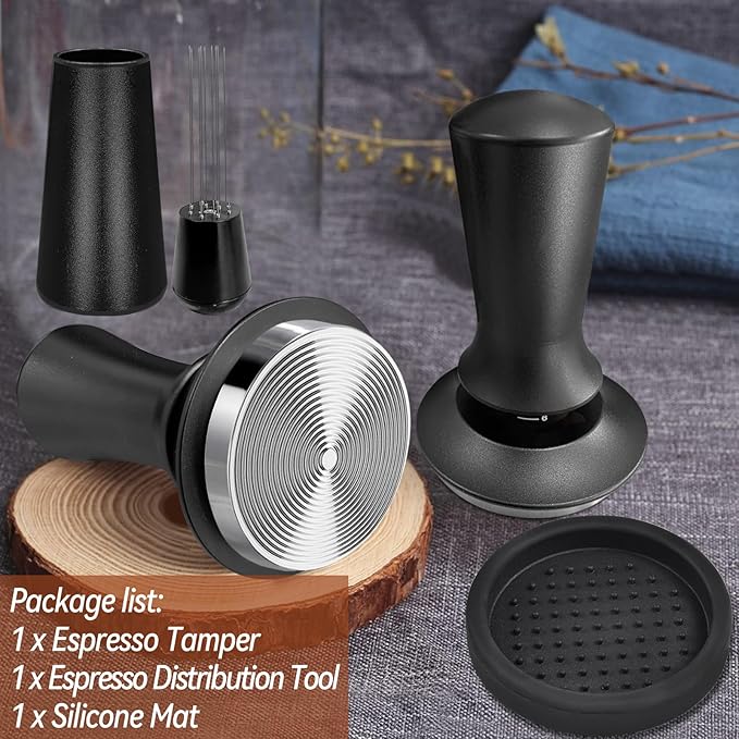 Coffee Espresso Tamper 51mm with WDT Tool Calibrated Spring Loaded, Coffee Tamper with Silicone Tamper Mat,Black Espresso Distribution Tool,Stainless Steel Base Tamper for Espresso Coffee Machine
