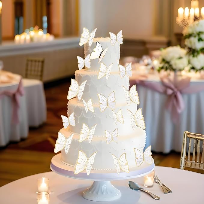30PCS Butterfly Cake Toppers 3D Gold White Butterfly Cupcake Toppers Birthday Party Cake Decorations Supplies for Anniversary Wedding Party Baby Shower Wall Decor
