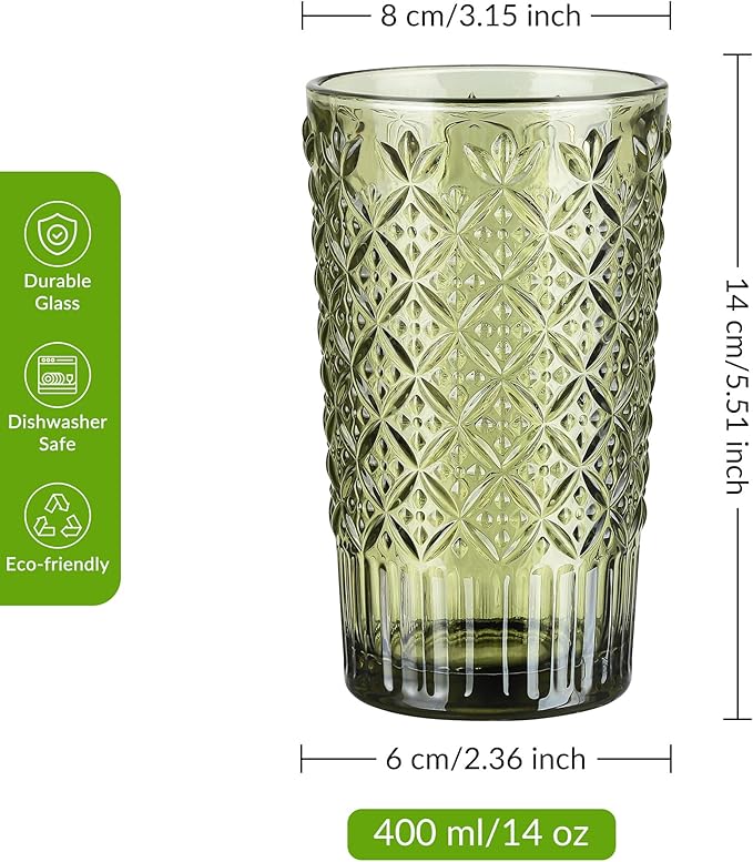 Joeyan Green Vintage Drinking Glasses,Embossed Water Glass Cups,Colored Highball Glass Tumblers,Decorative Elegant Glassware Cups for Beverages Juice Cocktail Beer,14 oz,Set of 4,Dishwasher Safe