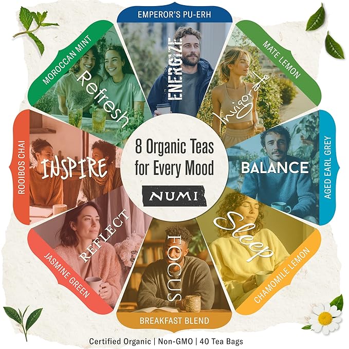 Numi Organic Tea By Mood Gift Set, 40 Tea Bag Assortment, Premium Organic Black, Pu-erh, Green, Mat챕, Rooibos & Herbal Teas