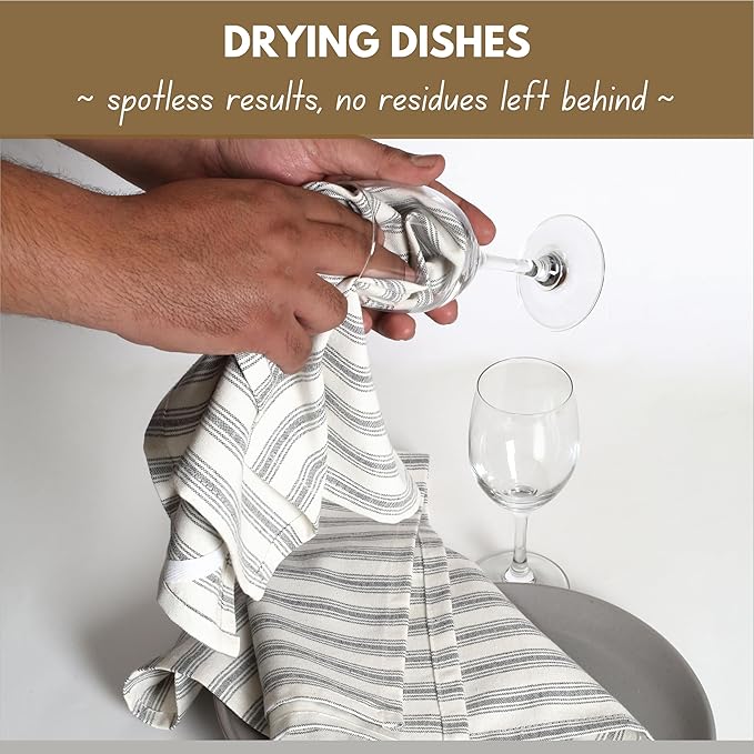 Native Fab 4 Pack Farmhouse Modern Stripe Kitchen Dish Towels Cotton Super Absorbent Quick Drying Reusable 18x26 Inches - Bar Hand Towels, Kitchen Cleaning Towels with Hanging Loop, Grey