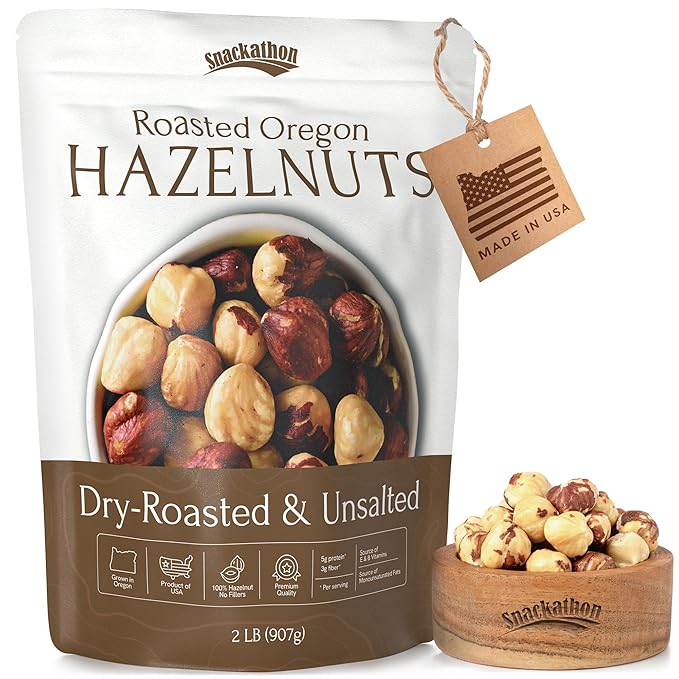 Snackathon Roasted Oregon Hazelnuts, Unsalted, Dry Roasted, Whole Filberts, Premium Natural Nuts Grown in USA, 2 LB Resealable Bag, Healthy Snack, Ideal for Baking, Nut Butters & Recipes
