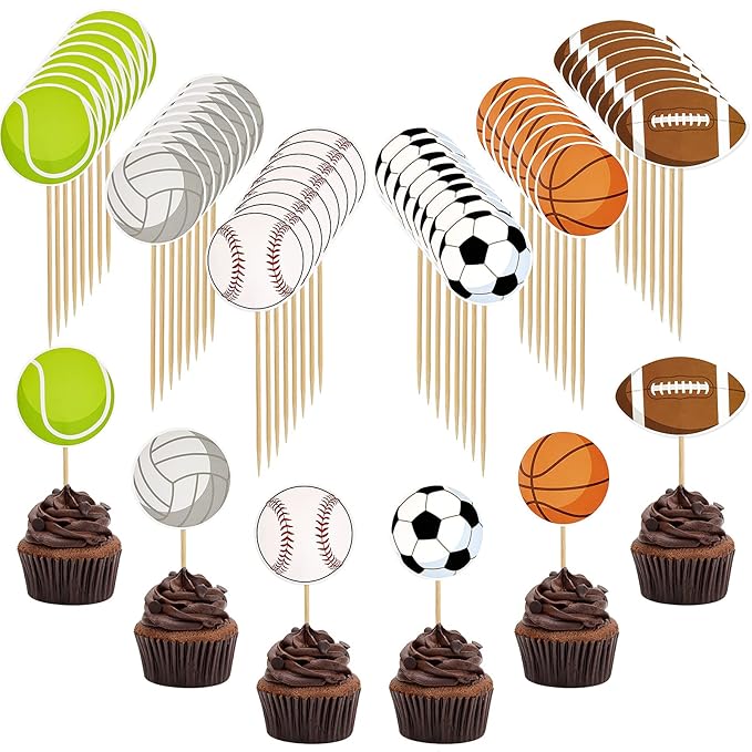 48 Pcs Sports Cupcake Toppers Cake Decorations, Sports Party Cupcake Picks, Baseball Basketball Soccer Football Tennis Volleyball Cake Toppers for Boy Kid Teen Adult Birthday Party Supplies, 6 Styles