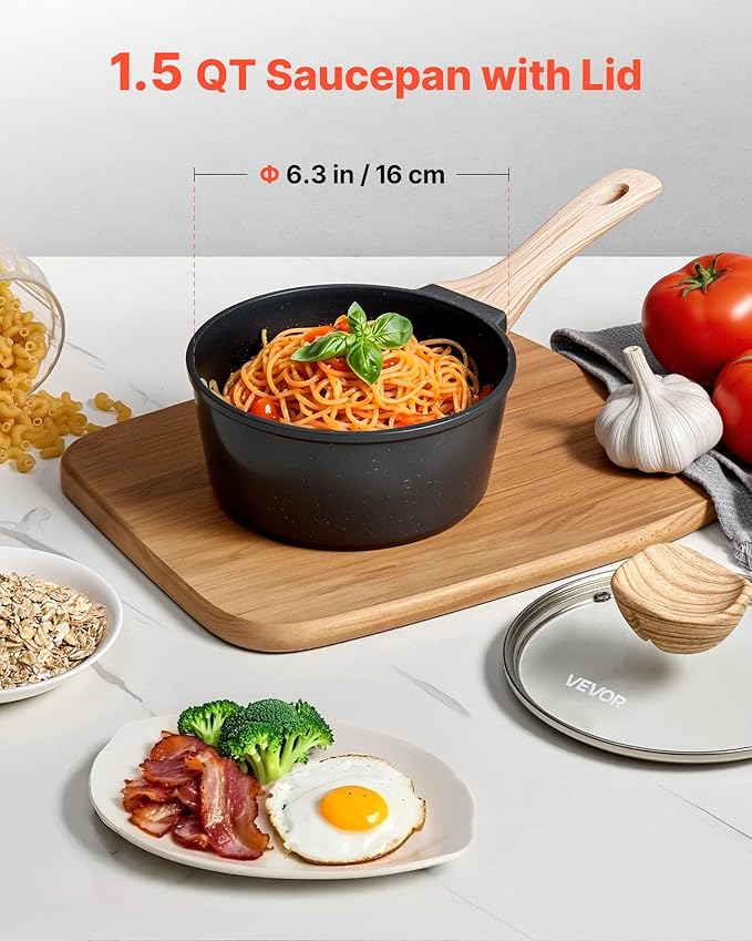 VEVOR 1.5 QT Saucepan, Nonstick Saucepan with Tempered Glass Lid, Multipurpose Cooking Sauce Pot with Detachable Handle, Sauce Pan Small Kitchen Cooking Pot with Coating, Induction Compatible, Black